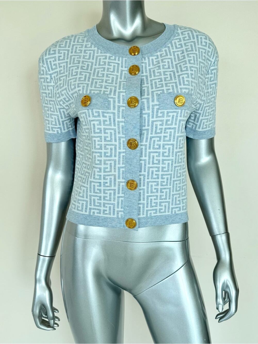 BALMAIN women jacquard blue top size 42IT or 6US Authentic Retail 1200$